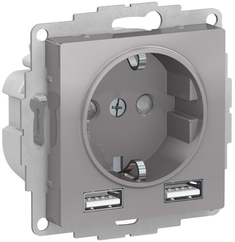 Розетка с заземлением +2xUSB тип A+A без рамки Systeme Electric AtlasDesign 1-м. алюминий фото Розетка с заземлением +2xUSB тип A+A без рамки Systeme Electric AtlasDesign 1-м. алюминий картинка